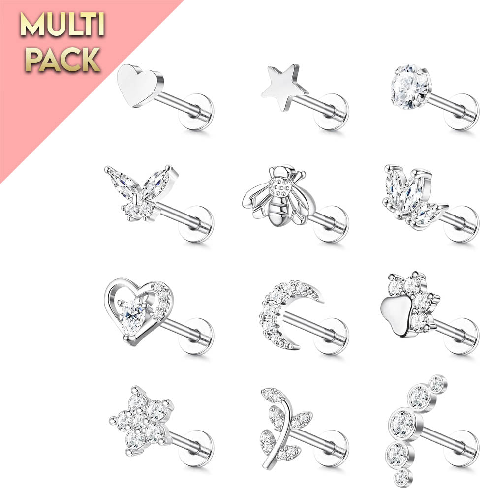 Multi Pack Of 12 Silver Cartilage / Labret Studs