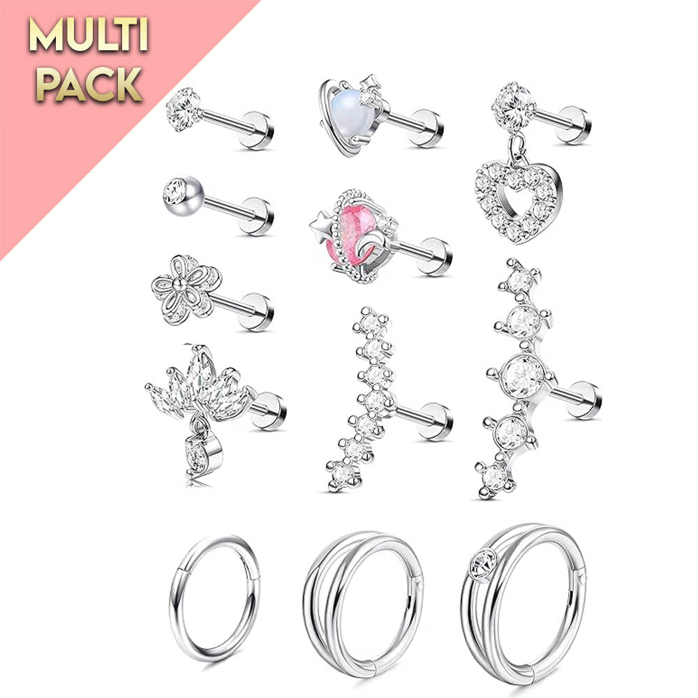 Multi Pack Of 12 Silver Studs And Hoops