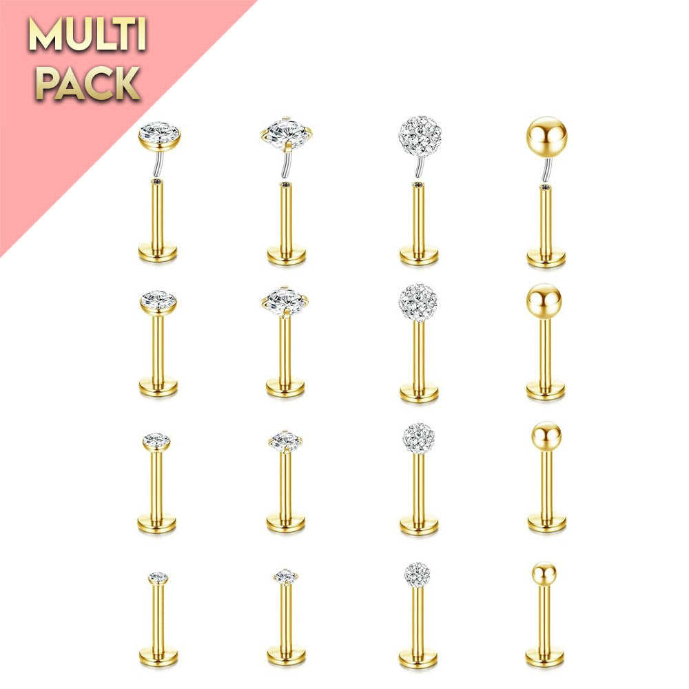 Multi Pack Of 16 Gold Push Fit Cartilage / Labret Studs