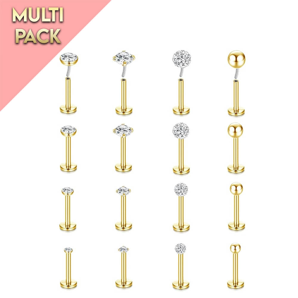 Cherry Diva Stud Multi Pack Of 16 Gold Push Fit Cartilage / Labret Studs