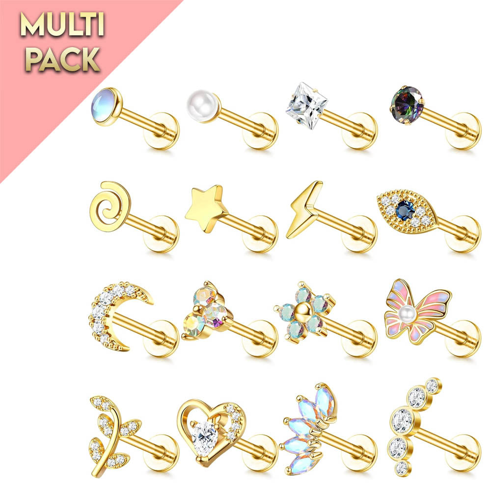 Multi Pack Of 16 Golden Cartilage / Labret Studs