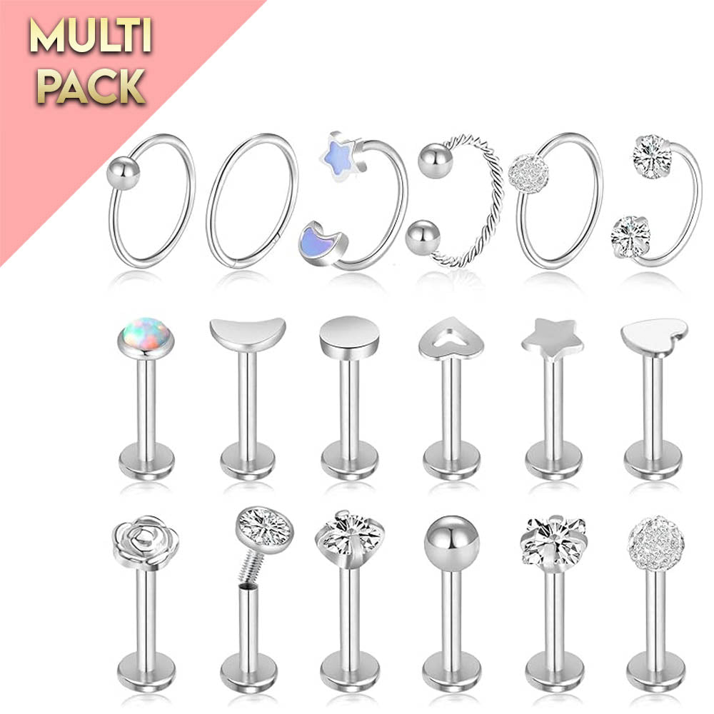 Multi Pack Of 18 Silver Studs And Hoops