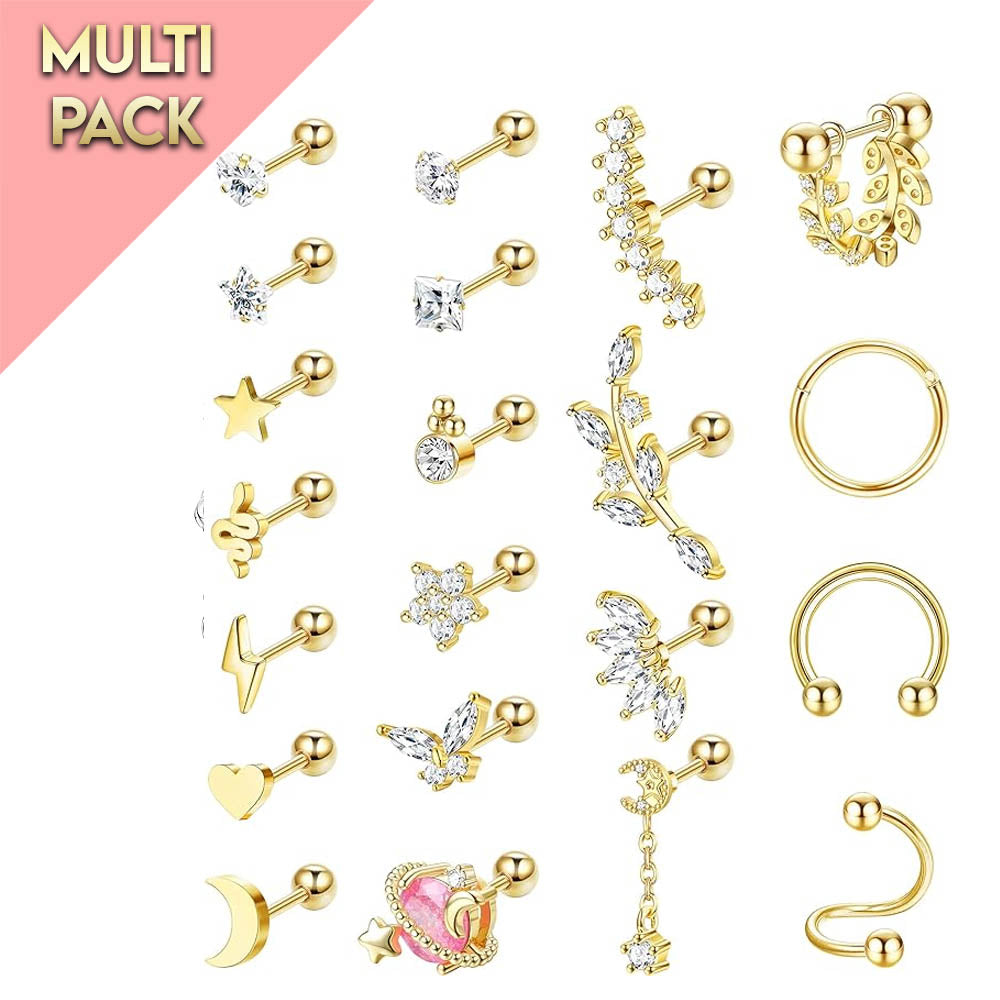 Multi Pack Of 21 Golden Studs And Hoops
