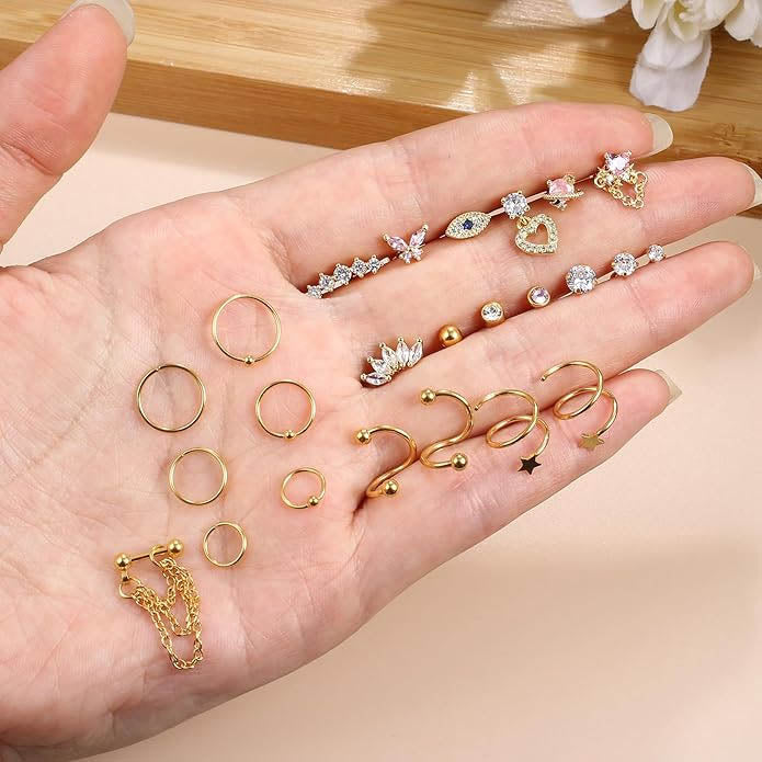 Cherry Diva Stud Multi Pack Of 24 Golden Studs And Hoops