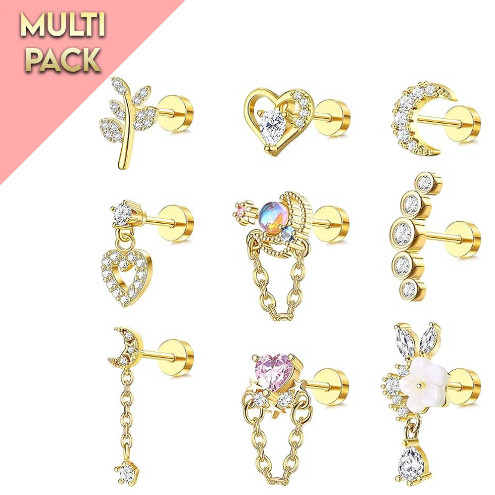 Cherry Diva Stud Multi Pack Of 9 Dangling Flat Back Cartilage Studs