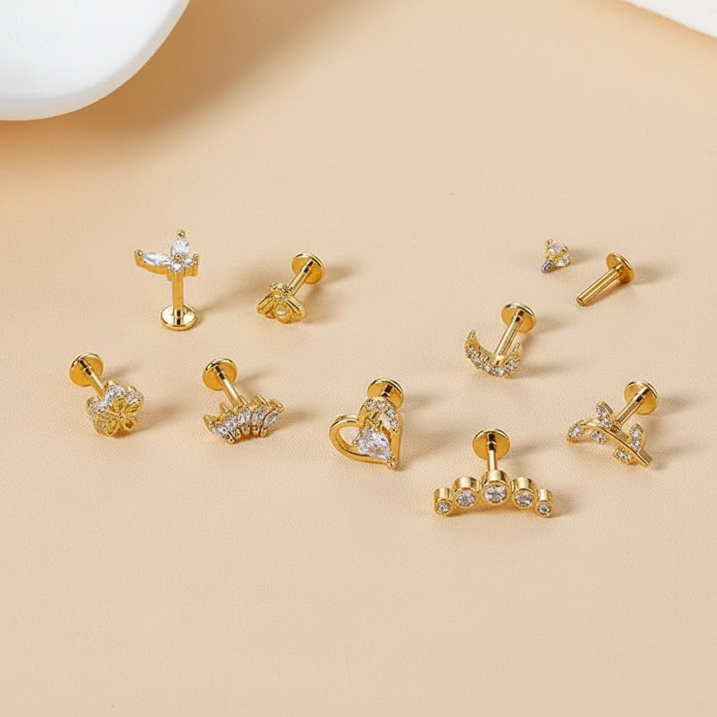 Cherry Diva Stud Multi Pack Of 9 Gold Cartilage / Labret Studs