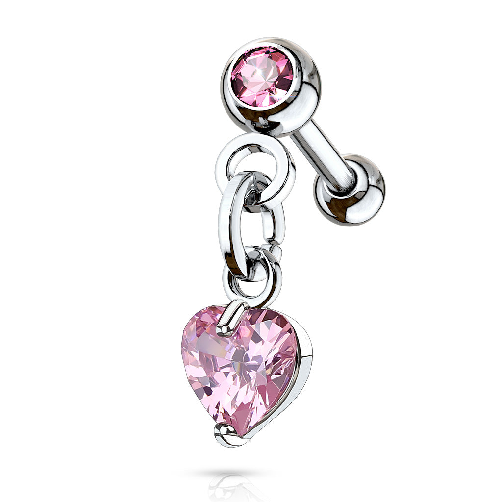 Cherry Diva Stud Pink 16 Gauge Dangling Crystal Heart Cartilage Stud