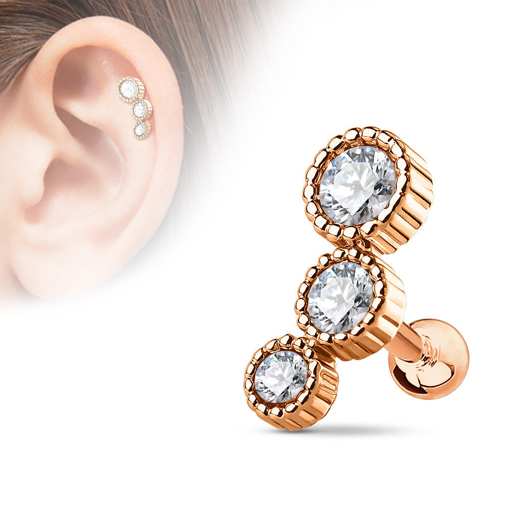 Cherry Diva Stud ROSE GOLD 16 Gauge Crystal Trio Cartilage / Tragus Stud