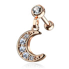 Cherry Diva Stud Rose Gold 16 Gauge Dangling Crystal Moon Cartilage Stud