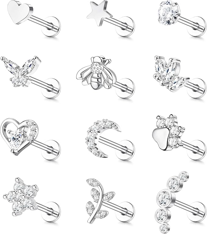 Cherry Diva Stud Silver / 6MM Multi Pack Of 12 Silver Cartilage / Labret Studs