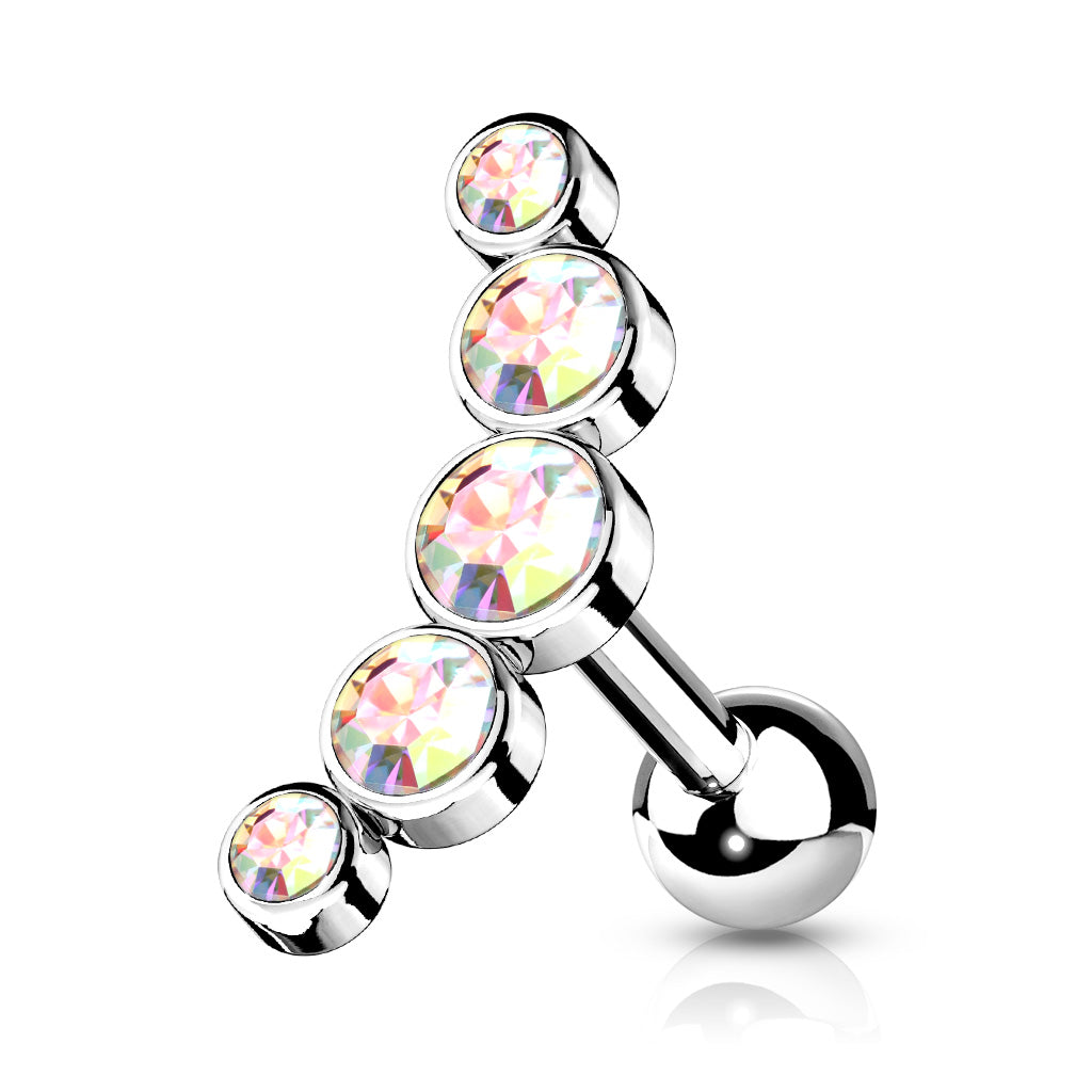 Cherry Diva Stud Silver / Aurora Crystal 16 Gauge Five Gem Curved Cartilage Stud