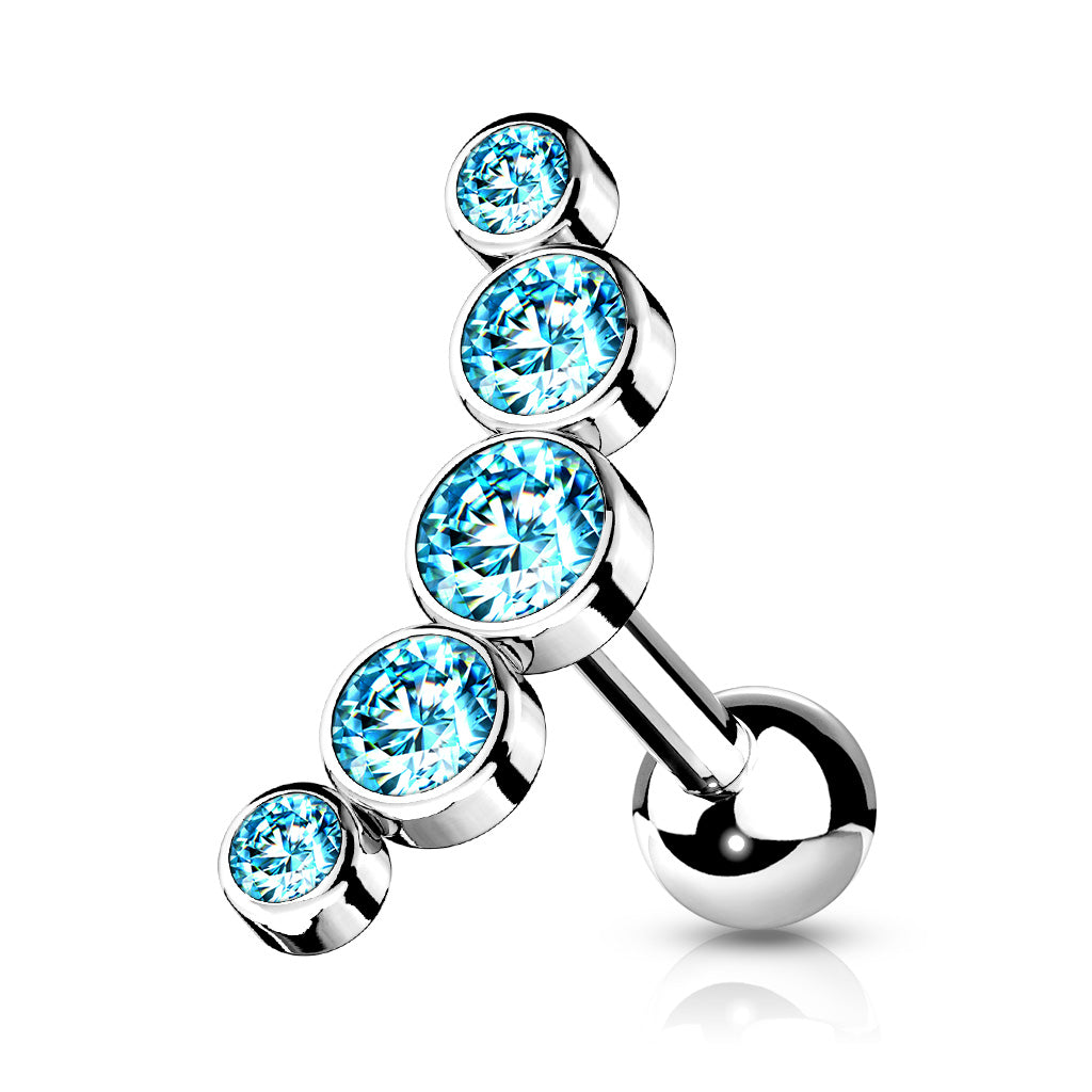 Cherry Diva Stud Silver / Blue Crystal 16 Gauge Five Gem Curved Cartilage Stud