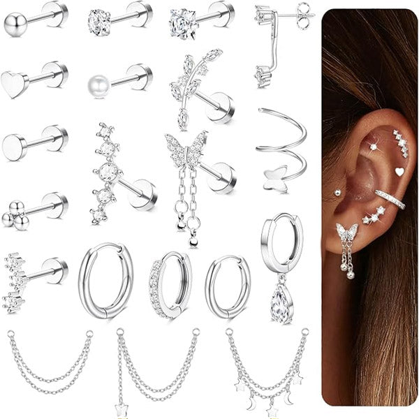 Cherry Diva Stud Silver Multi Pack of 20 Cartilage Studs & Hoops