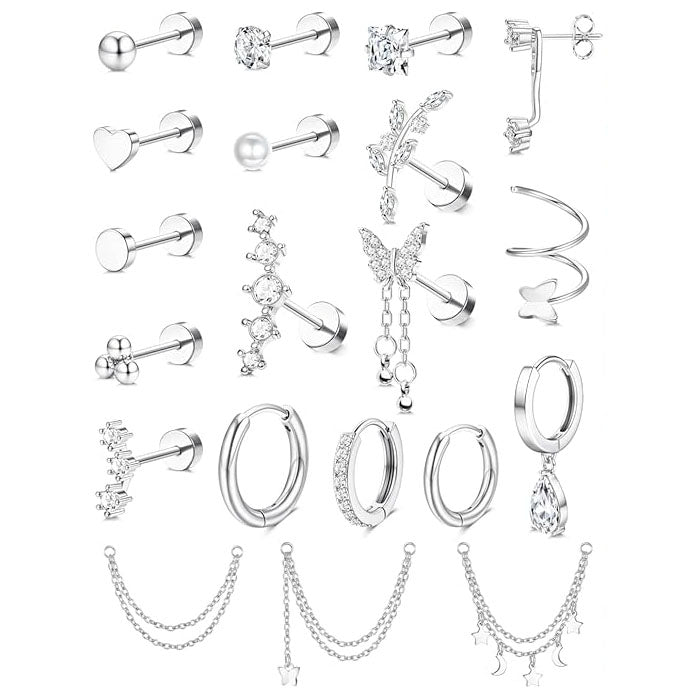 Cherry Diva Stud Silver Multi Pack of 20 Cartilage Studs & Hoops