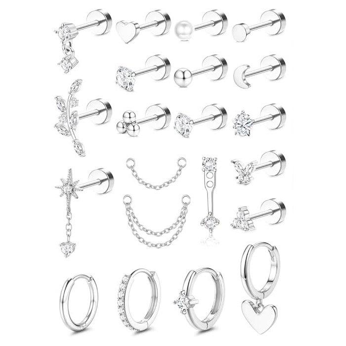 Cherry Diva Stud Silver Multi Pack of 21 Cartilage Studs & Hoops