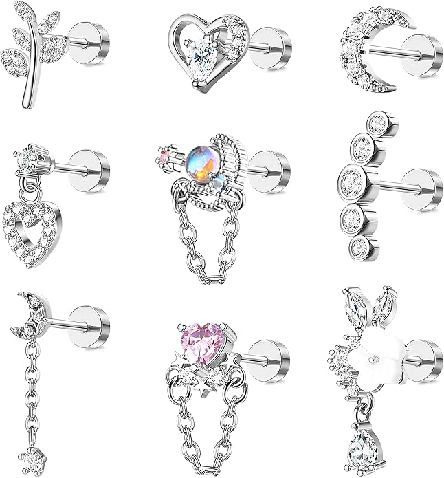 Cherry Diva Stud Silver Multi Pack Of 9 Dangling Flat Back Cartilage Studs