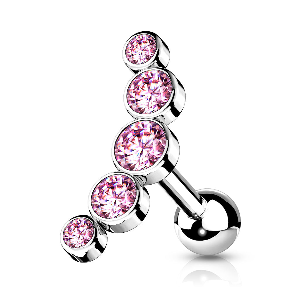 Cherry Diva Stud Silver / Pink Crystal 16 Gauge Five Gem Curved Cartilage Stud