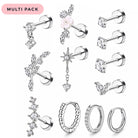 A 12-piece multi-pack of silver-toned ear piercings and hoop earrings, featuring various designs including floral, star, leaf, and textured hoop styles with clear rhinestones and one pink flower accent, displayed on a white background with a pink 'MULTI PACK' label.