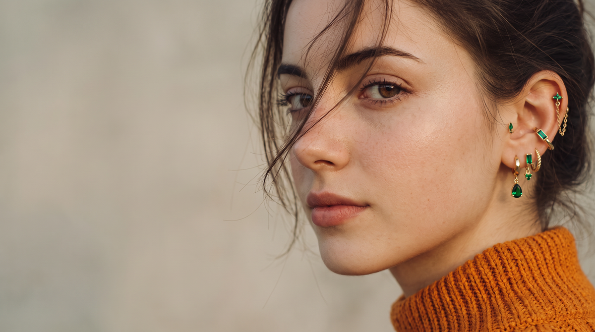 Close-up of a woman wearing multiple gold ear cuff and dangle earrings with green gemstone accents, paired with an orange knit turtleneck against a soft neutral background.