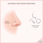 An informational graphic for nostril piercings, showing a side profile of a nose with a labeled nostril piercing on the left, and silver-toned jewelry pieces including studs and hoops on the right under the heading 'SUITABLE FOR THESE PIERCINGS'.