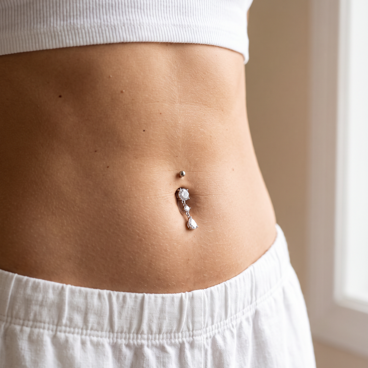 A close-up of a person's midsection wearing a silver belly button ring with clear rhinestones, paired with a white ribbed crop top and white pants.