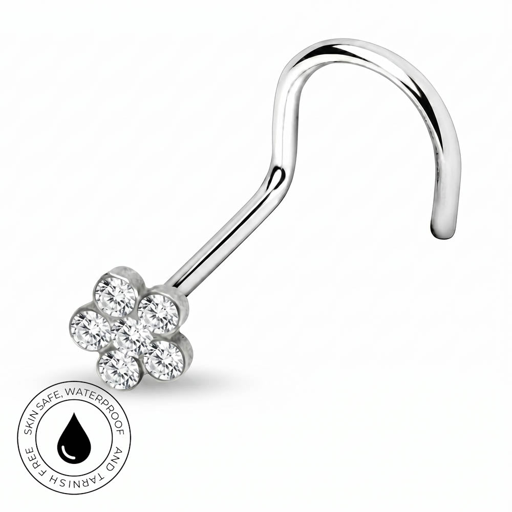 A curved silver-toned nose barbell stud with a flower-shaped cluster of clear gemstones, shown on a white background with a circular 'Skin Safe Waterproof' badge in the lower-left corner.