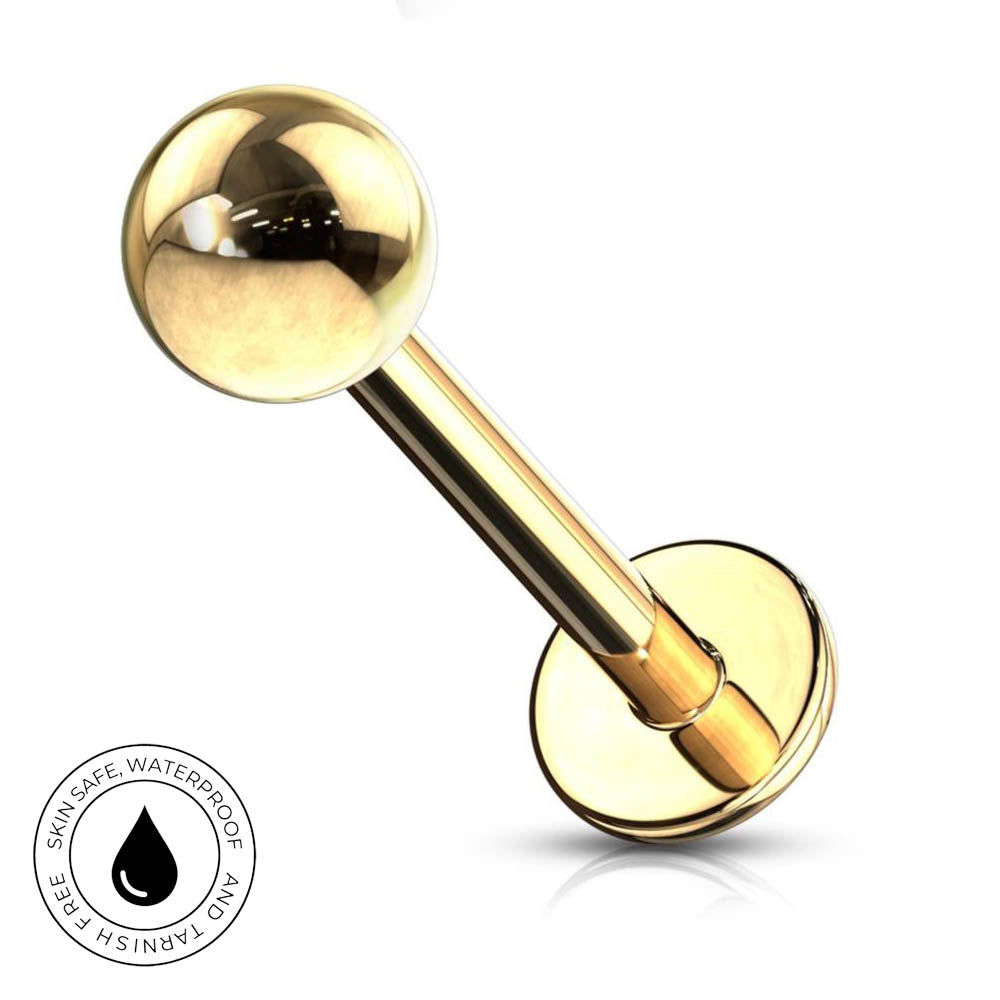 A gold-plated curved barbell piercing stud with a spherical ball on one end and a flat circular flatback on the other, shown on a white background with a small circular 'Skin Safe Waterproof' badge in the lower-left corner.