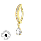 Gold huggie hoop piercing with clear cubic zirconia stones and a dangling teardrop clear stone, shown on a white background with a skin-safe waterproof badge.