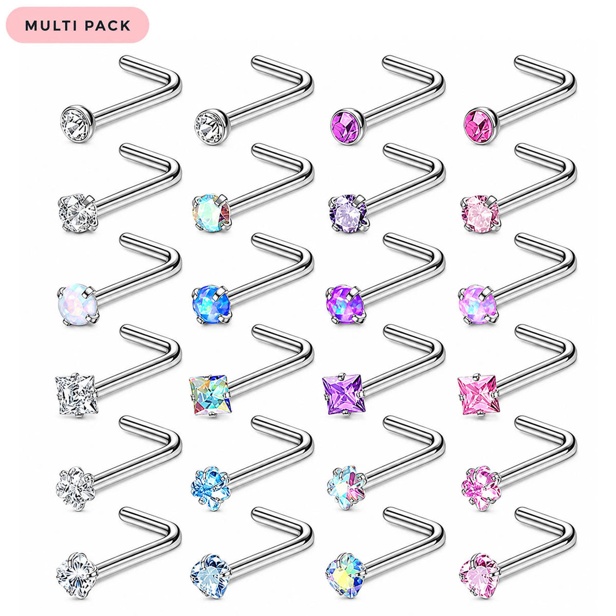 A multi-pack of silver-colored curved nose studs with various colored rhinestones, arranged in a grid on a white background with a pink 'MULTI PACK' label in the top left corner.