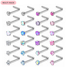 A multi-pack of silver-colored curved nose studs with various colored rhinestones, arranged in a grid on a white background with a pink 'MULTI PACK' label in the top left corner.