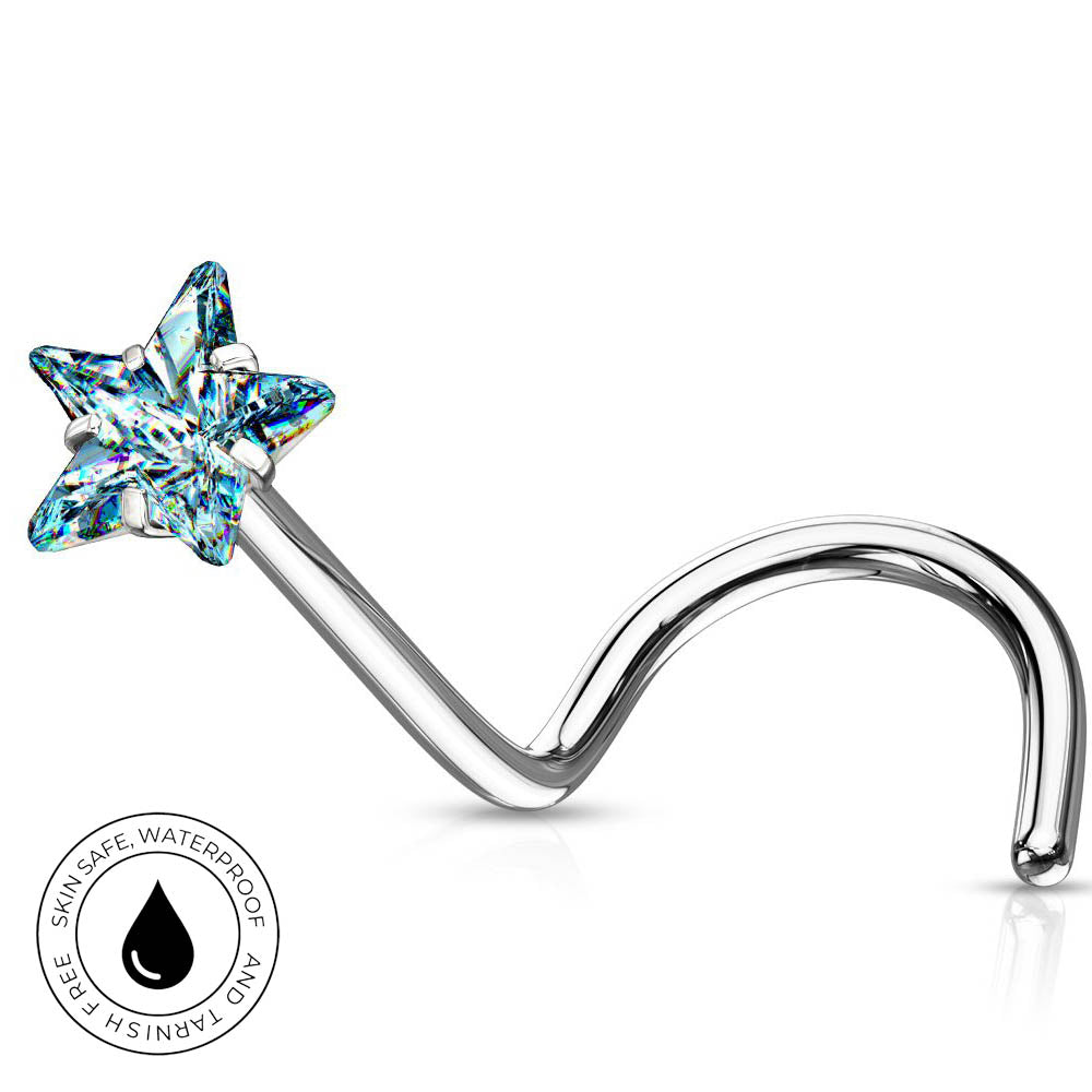 A curved silver-toned nose jewelry piece with a five-pointed star-shaped top set with iridescent blue faceted gemstones. A circular badge in the lower-left corner reads 'SKINSAFE WATERPROOF'.