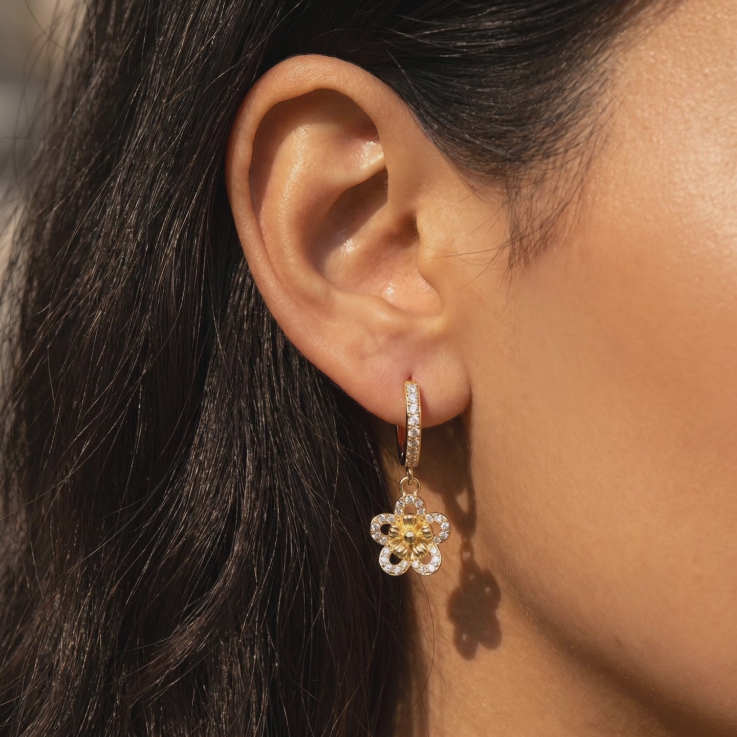 Dangling Crystal Flower Huggie Hoop Earrings
