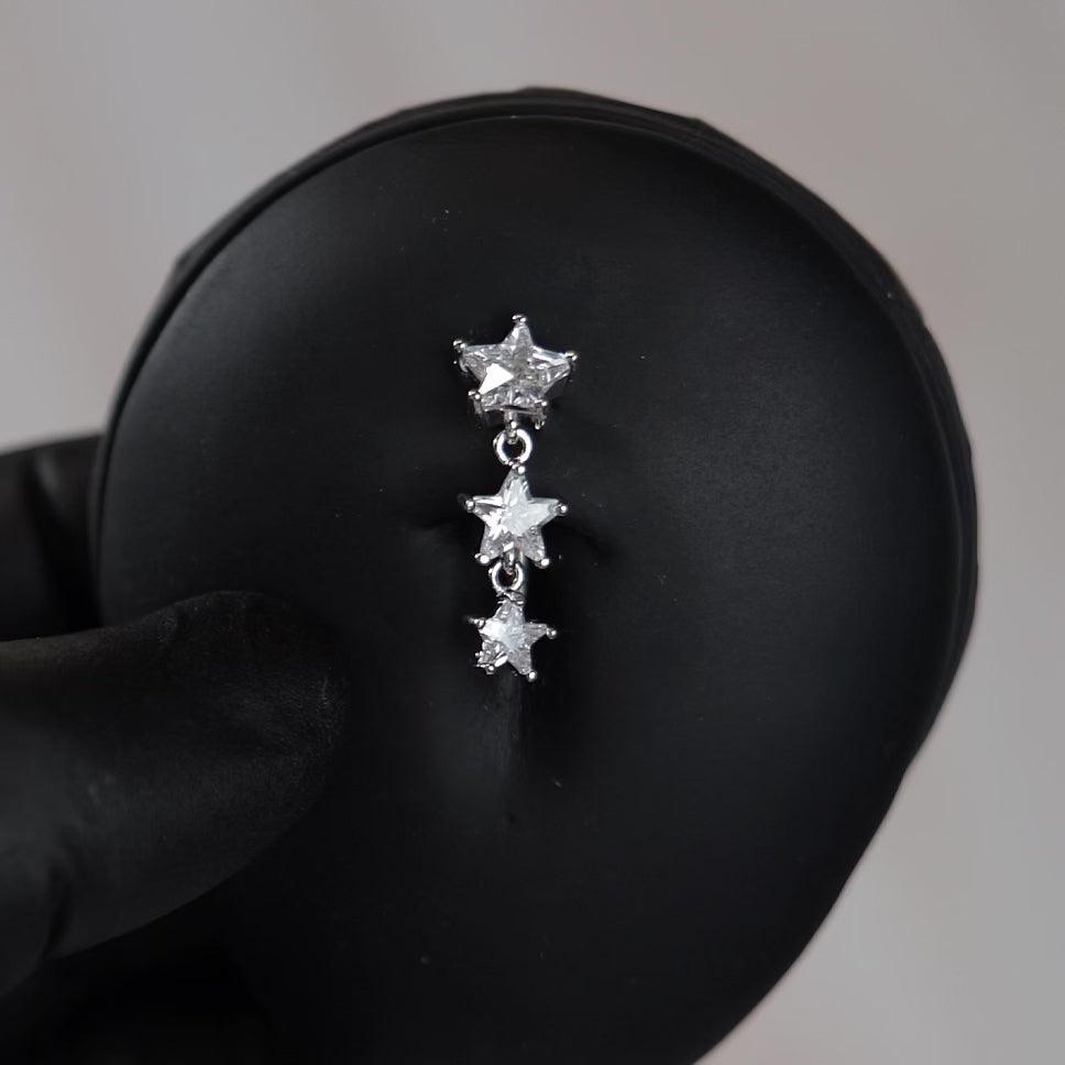 14 Gauge Dangling Triple Crystal Star Reverse Belly Button Bar
