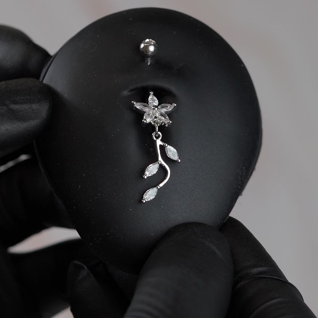 14 Gauge Dangling Crystal Flowers Belly Button Bar
