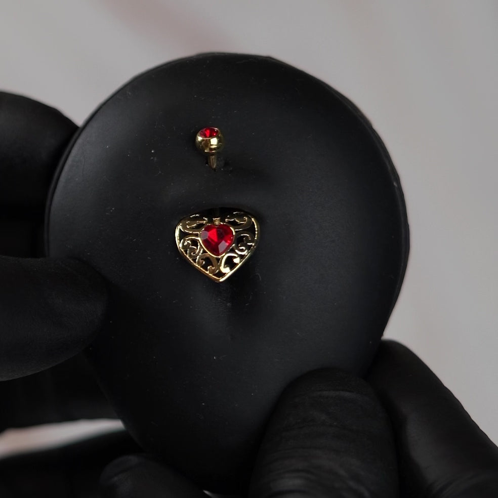 14 Gauge Crystal Filigree Heart Belly Bar