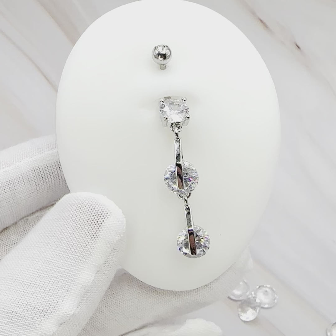 14 Gauge double dangling crystal belly bar - silver