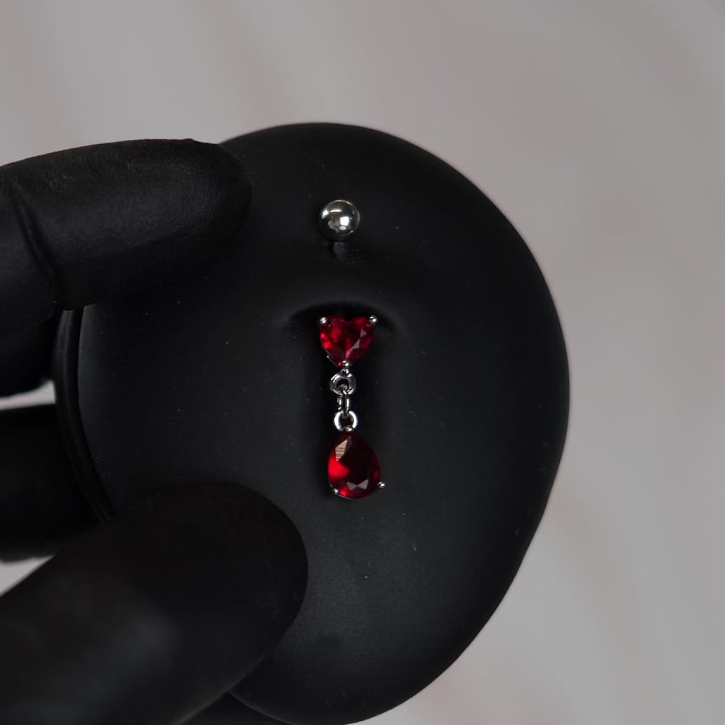 14 Gauge Dangling Crystal Heart & Teardrop Belly Bar