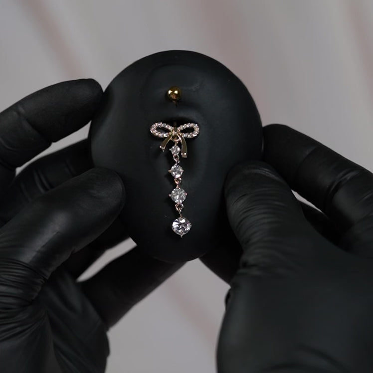 14 Gauge Golden Dangling Crystal Bow Belly Button Bar