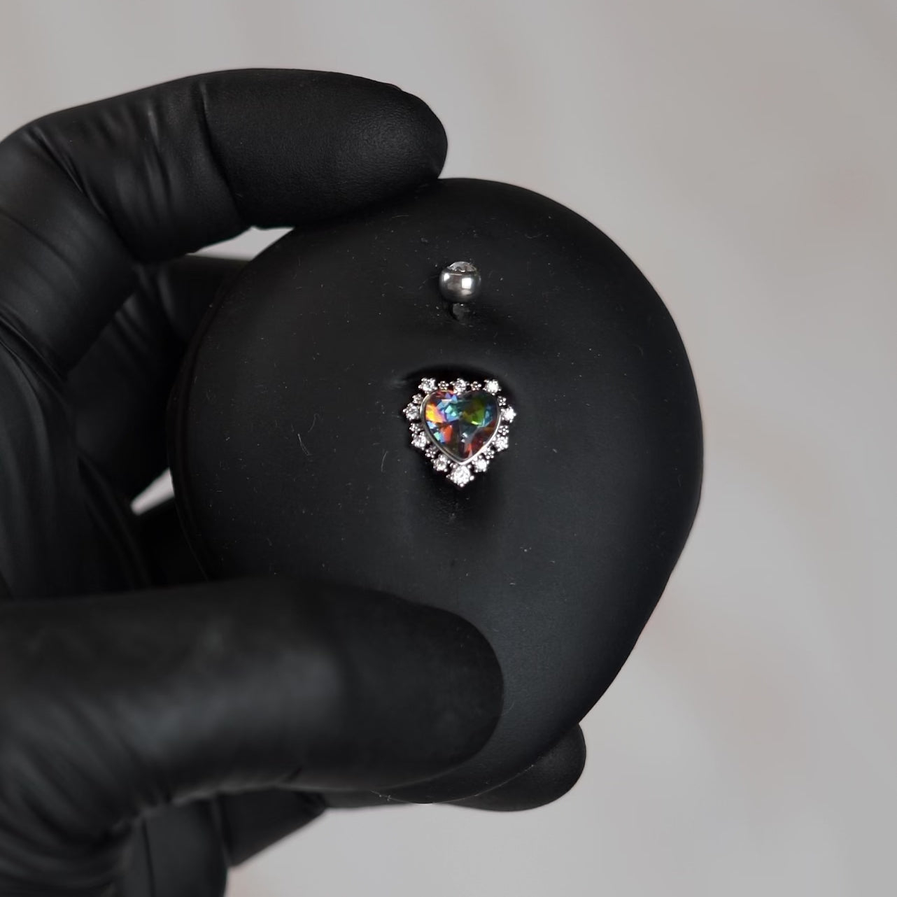 14 Silver Rainbow Crystal Heart Belly Button Bar