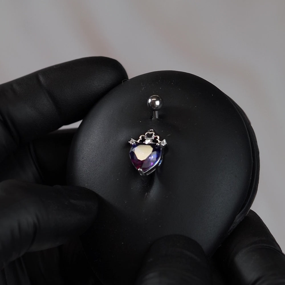 14 Gauge Filigree Crystal Heart Belly Button Bar