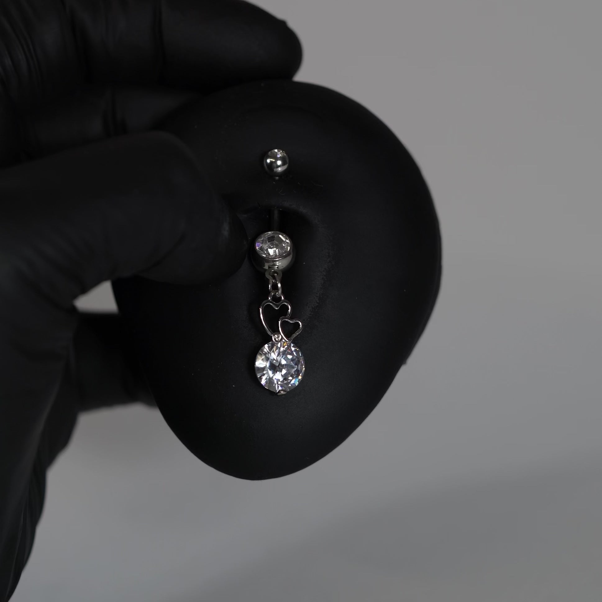 14 Gauge Silver Dangling Crystal Heart Belly Button Bar