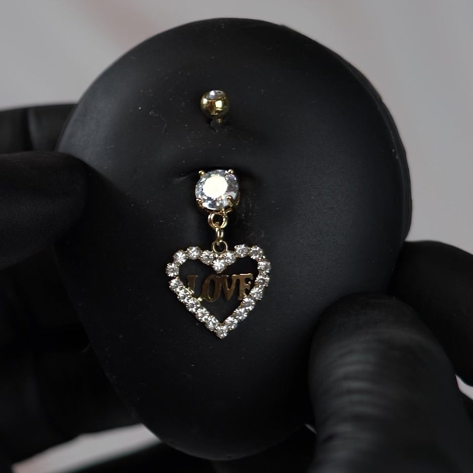 14 Gauge Dangling Love Heart Belly Button Bar