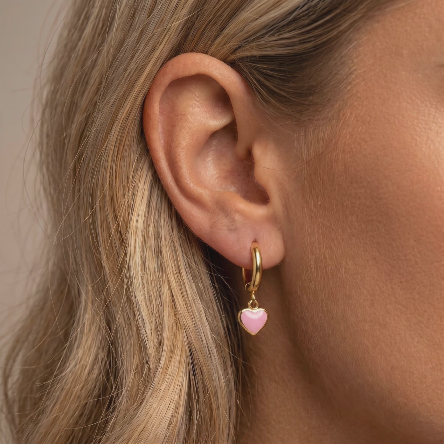 Hypoallergenic Pink Heart Hinged Hoop Earrings