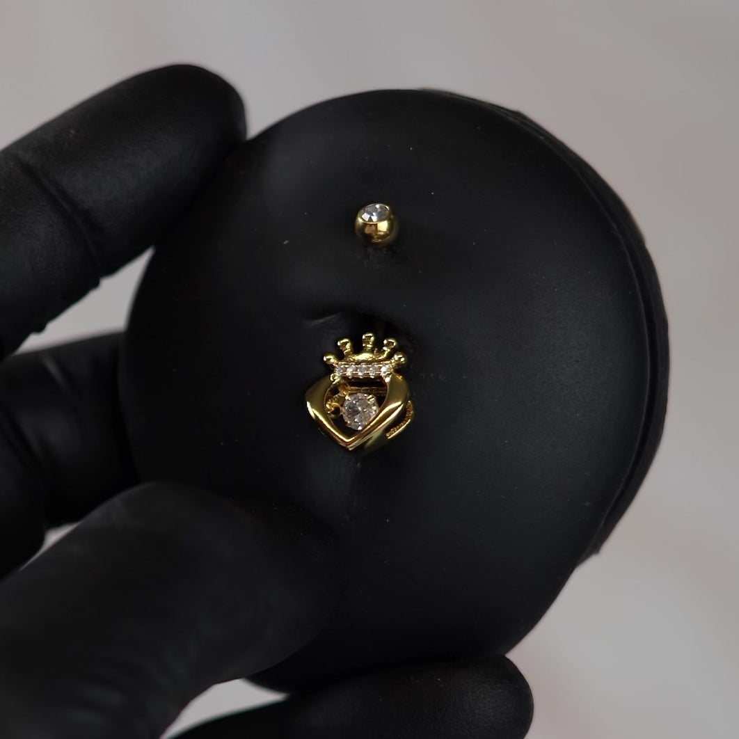 14 Gauge Hollow Heart & Crown Belly Bar