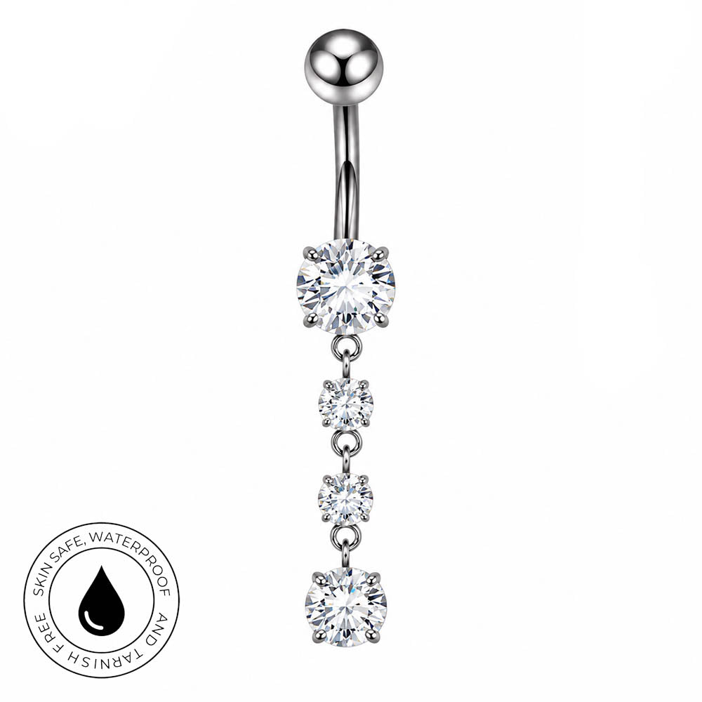A silver-toned vertical belly button ring with a single round ball at the top, a large clear faceted stone in the center, three smaller clear stones below, and a circular 'Skin Safe Waterproof and Tarnish Free' badge on the bottom left.