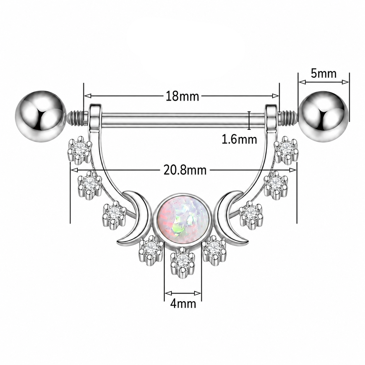 Silver-toned labret piercing barbell with ball studs, crescent moon charms, and a central iridescent opal-like cabochon, shown with measurement callouts on a white background.