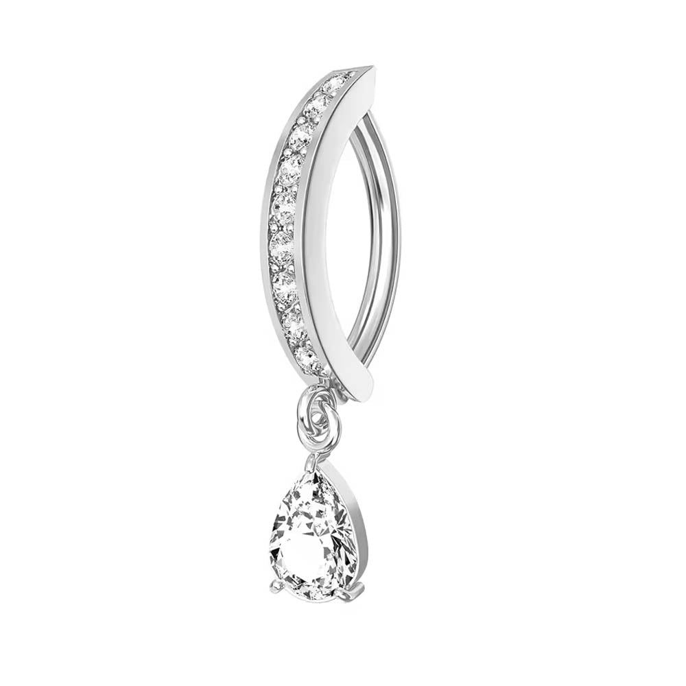 A silver-toned curved huggie hoop earring embellished with small clear stones along the front, with a dangling teardrop-shaped clear gemstone at the bottom, shown on a plain white background.
