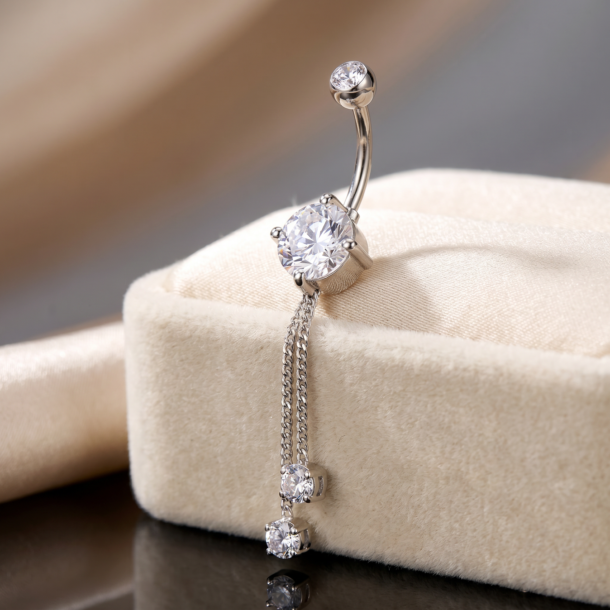 Yiwu Ruiqian Jewelry Co., Ltd. Belly Bar 14 Gauge Double Dangling Crystal Chain Belly Bar