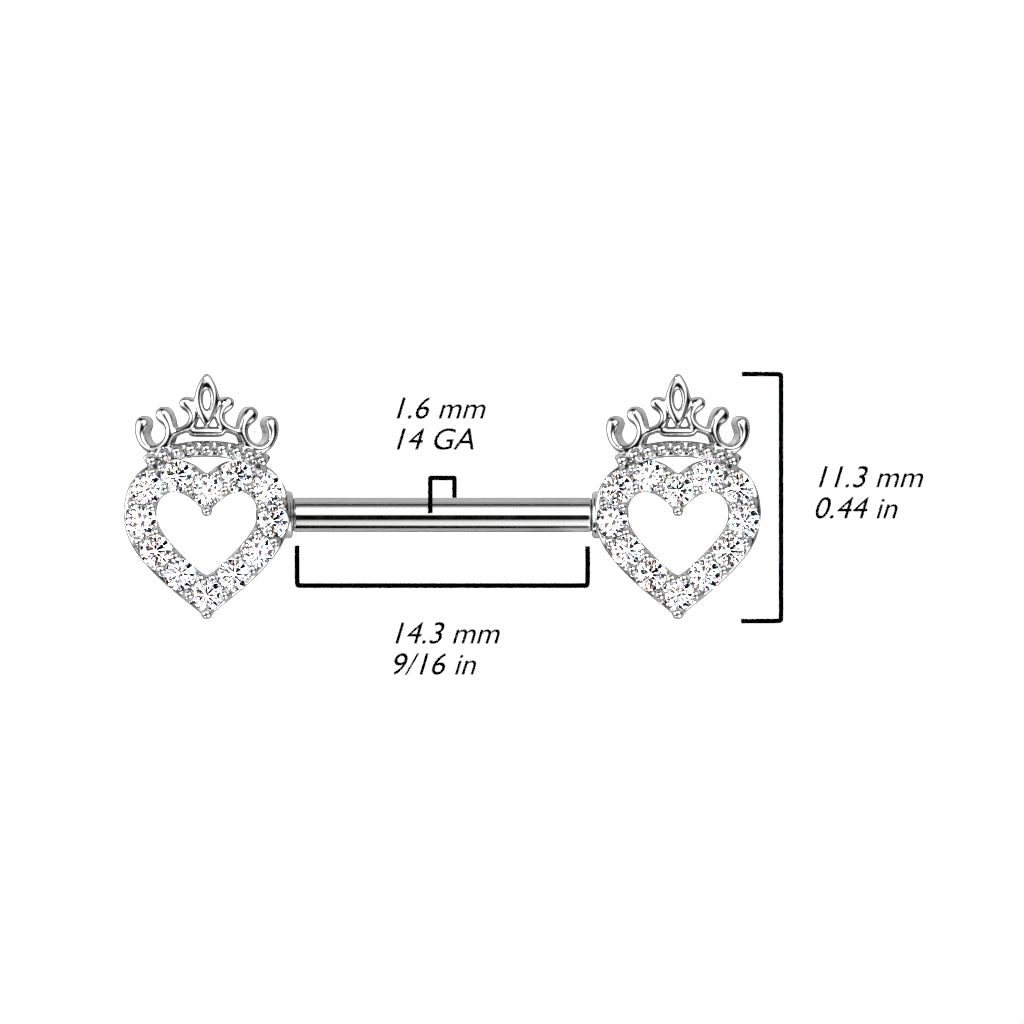 14 Gauge Hollow Crystal Heart Barbell Nipple Ring