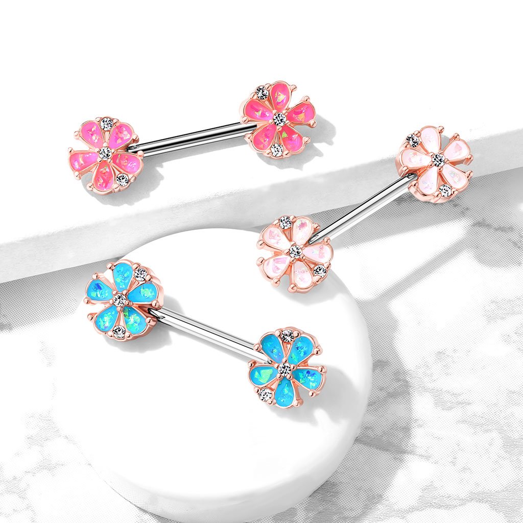 Cherry Diva Nipple Ring 14 Gauge Opal Flower Barbell Nipple Ring